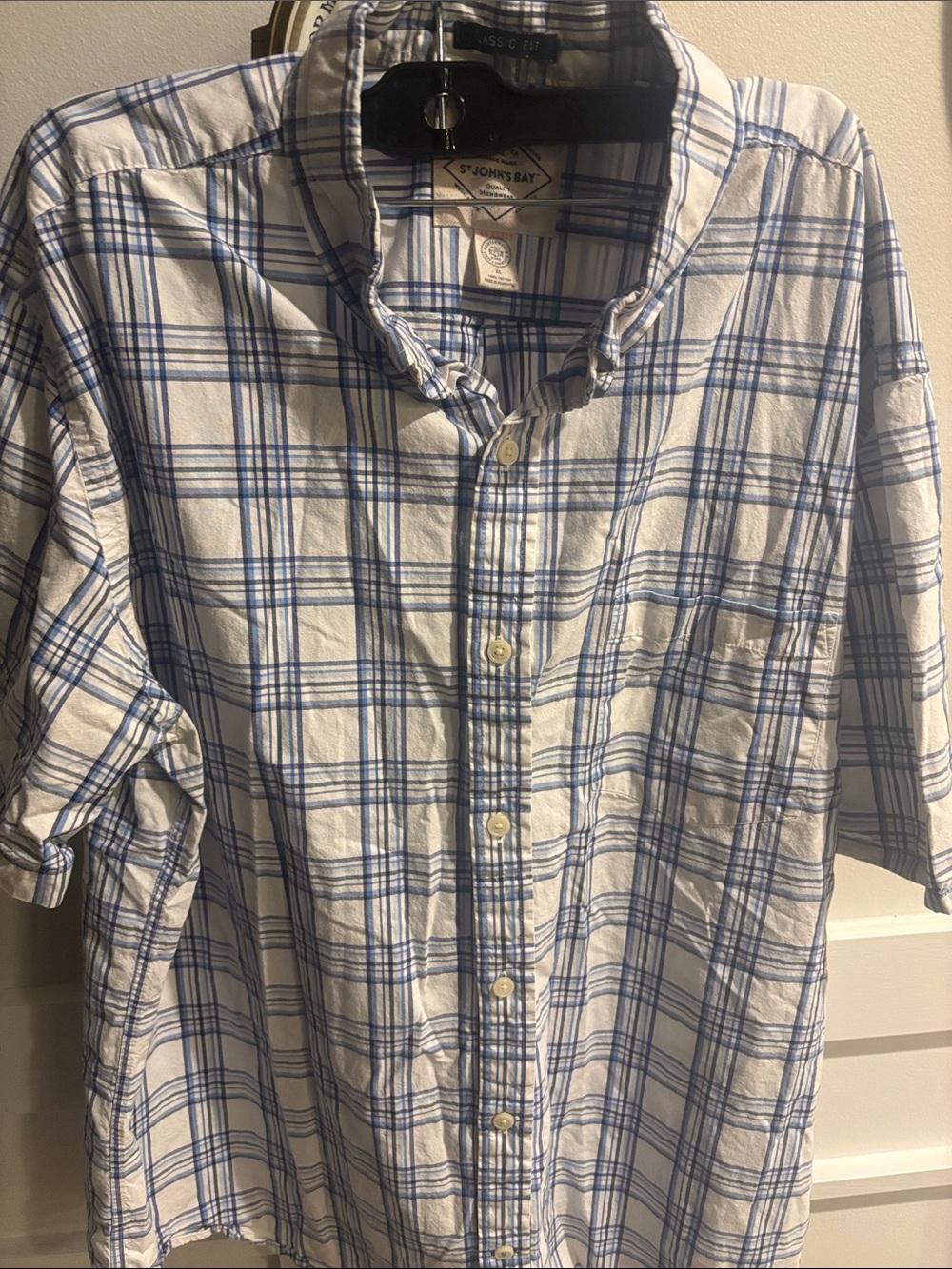 St. John's Bay White and Blue Plaid Cotton Button-Down Shirt - Picture 1 of 5